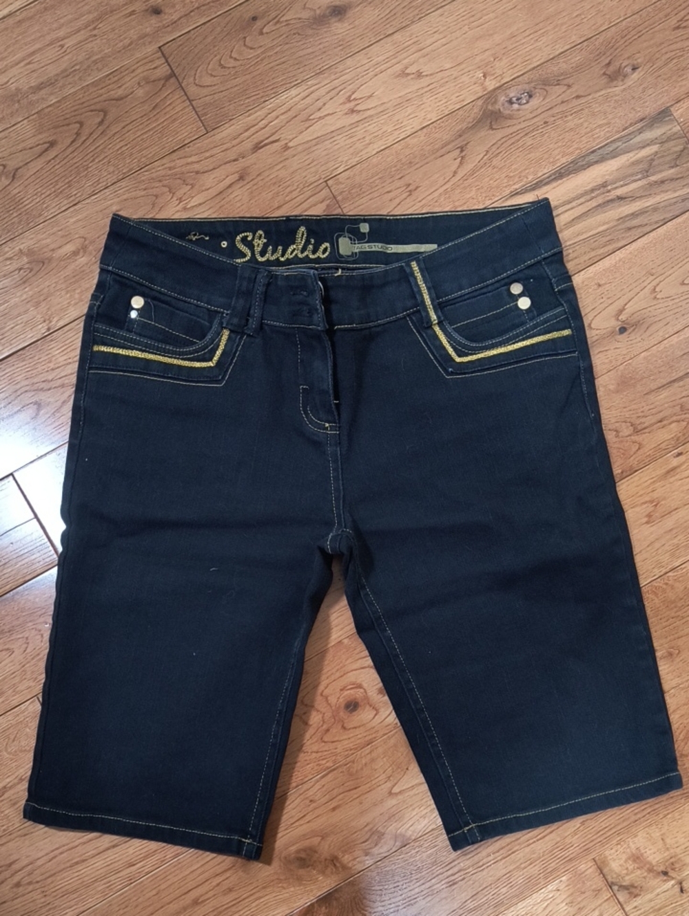 Studio Black Denim Ankle-Length Bermuda Shorts with Yellow Stitching